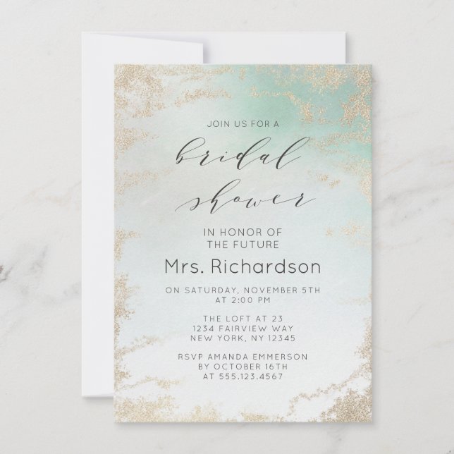 Abstract Aqua Ombre Fade with Frosted Gold Glitter Invitation (Front)