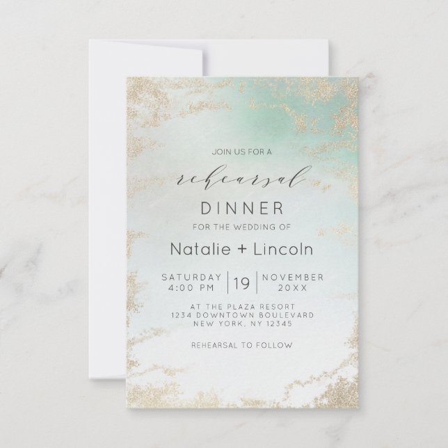 Abstract Aqua Ombre Fade with Frosted Gold Glitter Invitation (Front)
