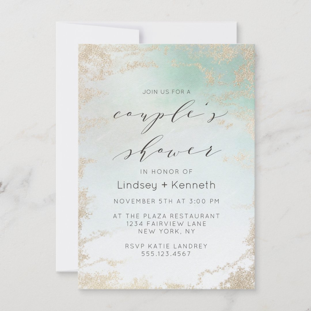 Abstract Aqua Ombre Fade with Frosted Gold Glitter Invitation | Zazzle