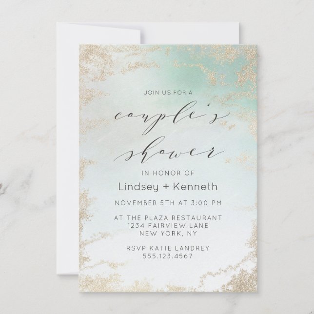 Abstract Aqua Ombre Fade with Frosted Gold Glitter Invitation (Front)