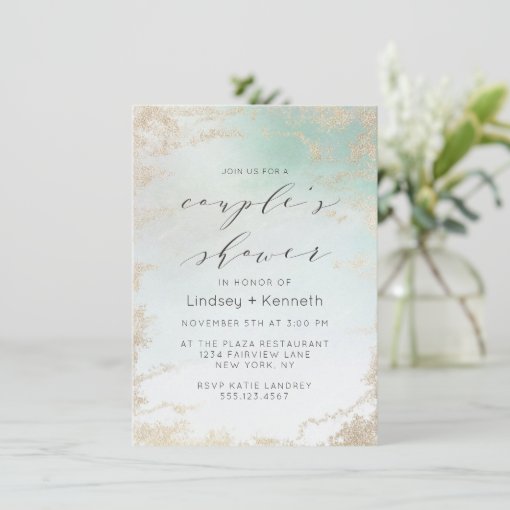 Abstract Aqua Ombre Fade with Frosted Gold Glitter Invitation | Zazzle