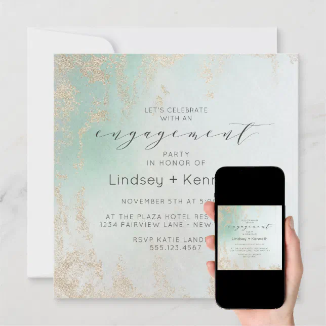 Abstract Aqua Ombre Fade with Frosted Gold Glitter Invitation | Zazzle