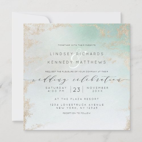 Abstract Aqua Ombre Fade with Frosted Gold Glitter Invitation
