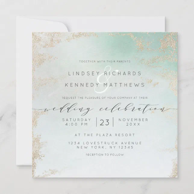 Abstract Aqua Ombre Fade with Frosted Gold Glitter Invitation | Zazzle