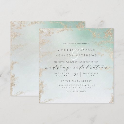 Abstract Aqua Ombre Fade with Frosted Gold Glitter Invitation | Zazzle