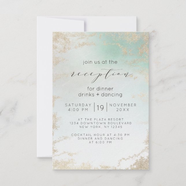 Abstract Aqua Ombre Fade with Frosted Gold Glitter Invitation (Front)
