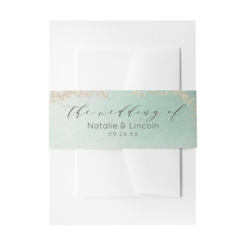 Abstract Aqua Ombre Fade with Frosted Gold Glitter Invitation Belly Band