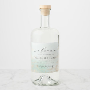 Abstract Aqua Ombre Fade with Frosted Gold Glitter Liquor Bottle Label
