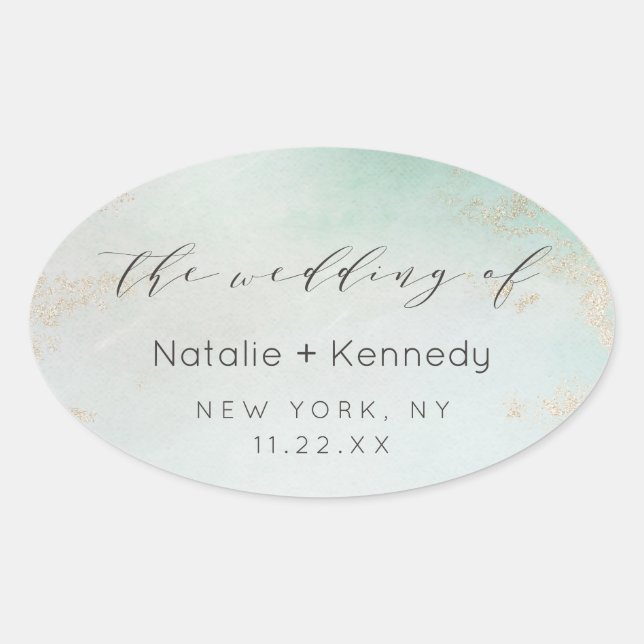 Abstract Aqua Ombre Fade with Frosted Gold Glitter Oval Sticker (Front)