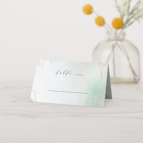 Abstract Aqua Ombre Fade with Frosted Gold Glitter Place Card