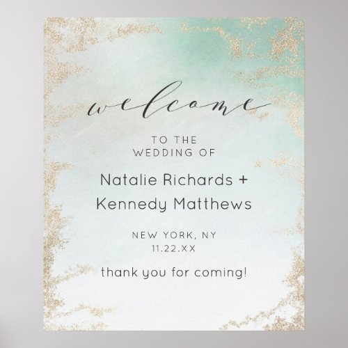 Abstract Aqua Ombre Fade with Frosted Gold Glitter Poster