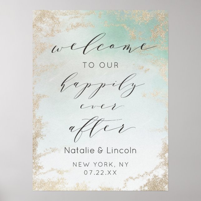Abstract Aqua Ombre Fade with Frosted Gold Glitter Poster (Front)