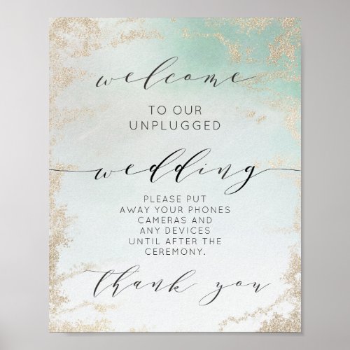 Abstract Aqua Ombre Fade with Frosted Gold Glitter Poster