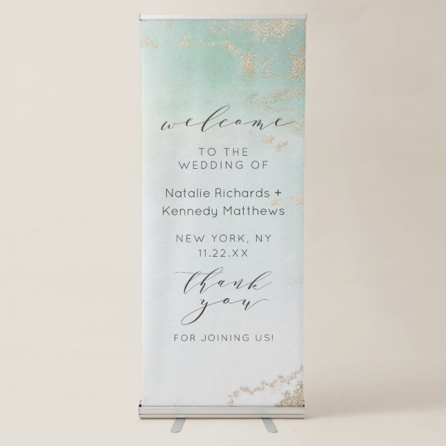 Abstract Aqua Ombre Fade with Frosted Gold Glitter Retractable Banner (Front)