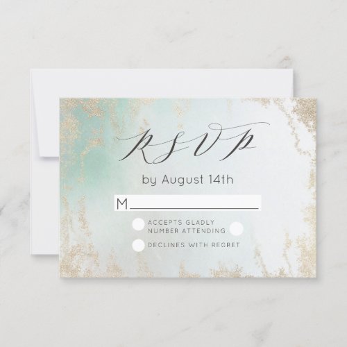 Abstract Aqua Ombre Fade with Frosted Gold Glitter RSVP Card