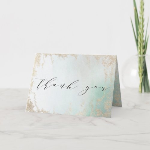 Abstract Aqua Ombre Fade with Frosted Gold Glitter Thank You Card