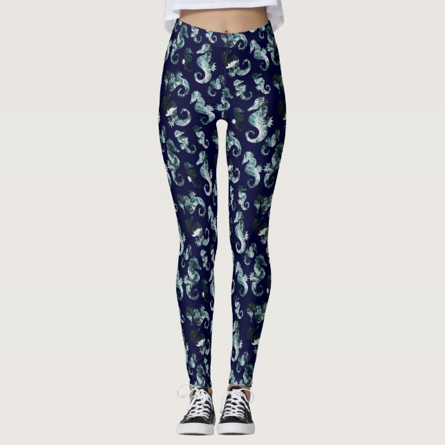 Abstract aqua seahorses pattern leggings (Front)