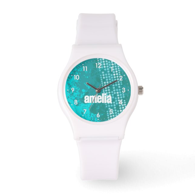 Abstract aqua teal numbered name sports watch (Front)
