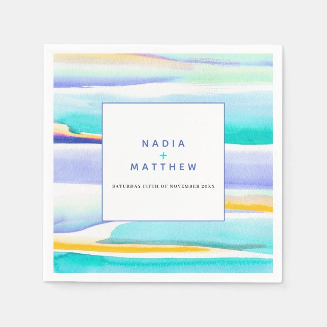 Abstract aqua tropical tide line wedding event napkins (Front)