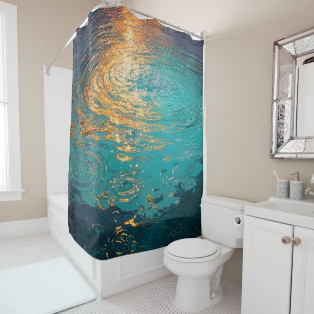 Abstract Aqua Waves with Golden Sunlight Shower Curtain (In Situ)