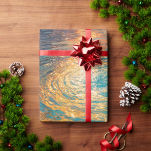 Abstract Aqua Waves with Golden Sunlight Wrapping Paper