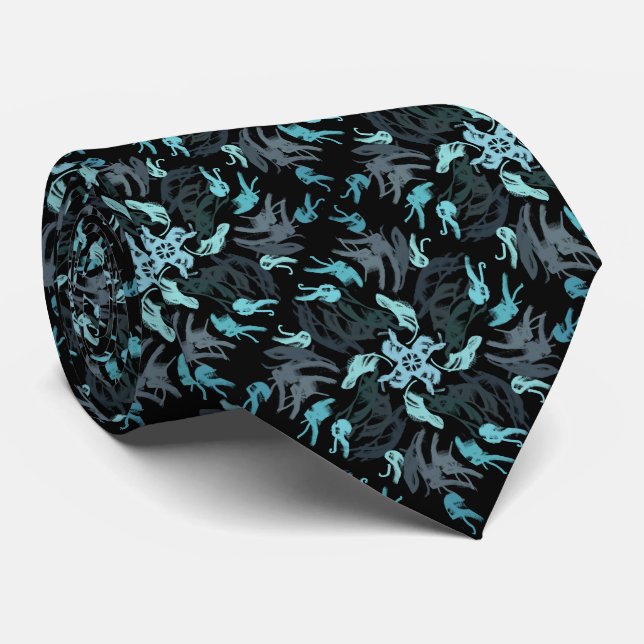 Abstract Aquatic Shaded Repeat Pattern On Black Neck Tie (Rolled)