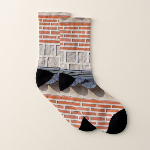 Abstract Architectural Red Beige Purple Socks