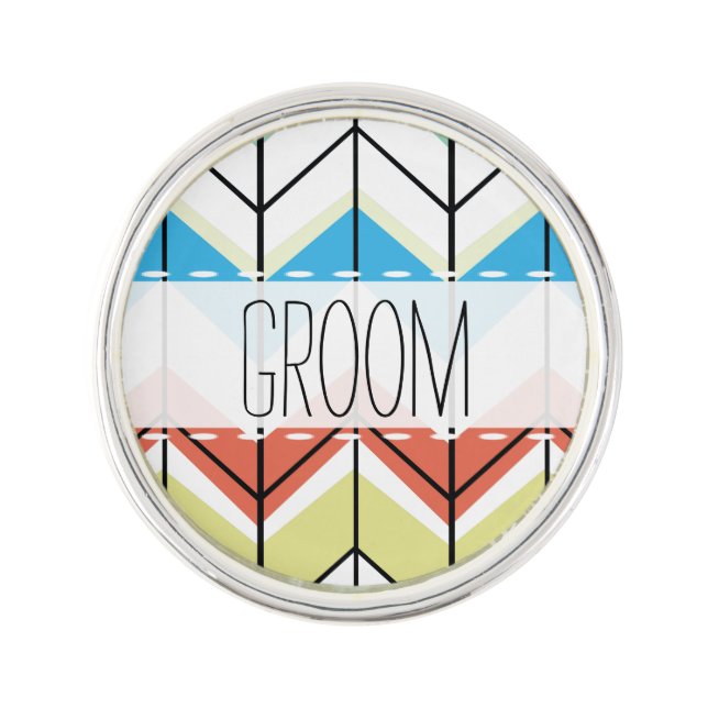 Abstract Arrow Aqua Yellow Gray Groom Lapel Pin (Front)