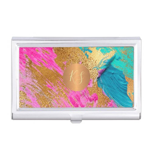 Abstract art acrylic painted strokes gold monogram business card case