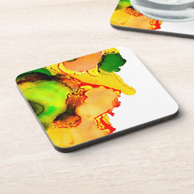 Abstract art alcohol ink yellow green beverage coaster (Left Side)