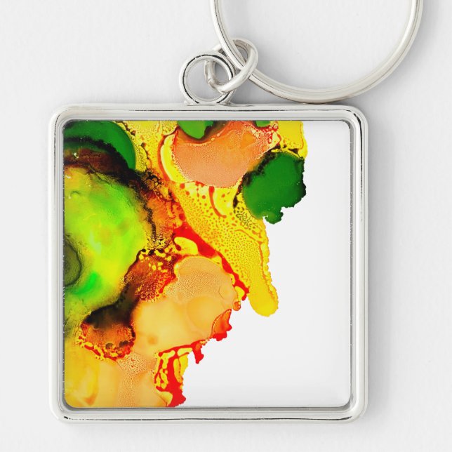 Abstract art alcohol ink yellow green keychain (Front)