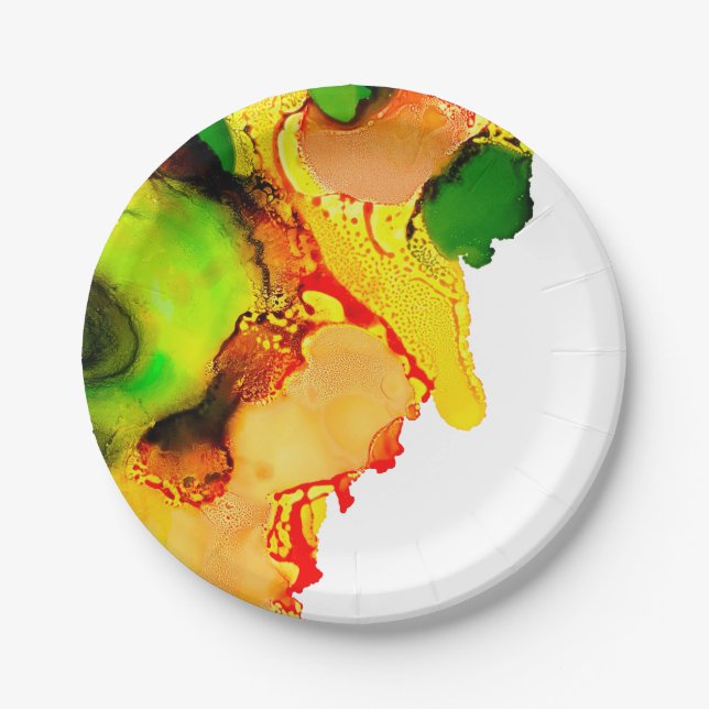 Abstract art alcohol ink yellow green paper plates (Front)