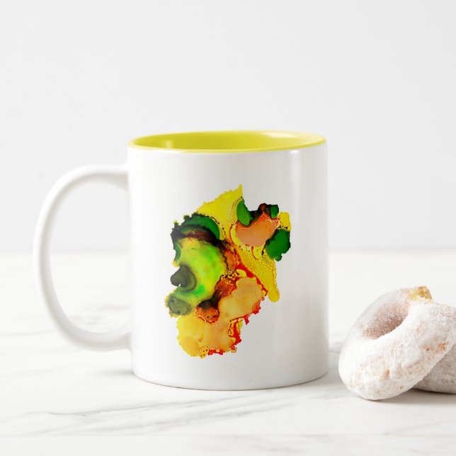 Abstract art alcohol ink yellow green Two-Tone coffee mug (With Donut)