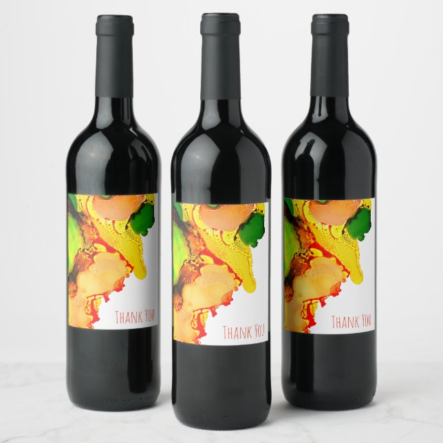 Abstract art alcohol ink yellow green wine label (Bottles)