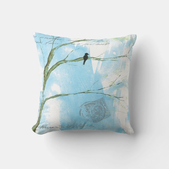 Abstract Art Black Bird Tree Postmarks Text Throw Pillow (Front)