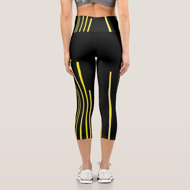 Abstract Art Black White Yellow Lines Minimalism Capri Leggings (Back)