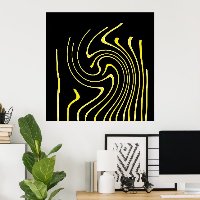 Abstract Art Black White Yellow Lines Minimalism Poster (Home Office)
