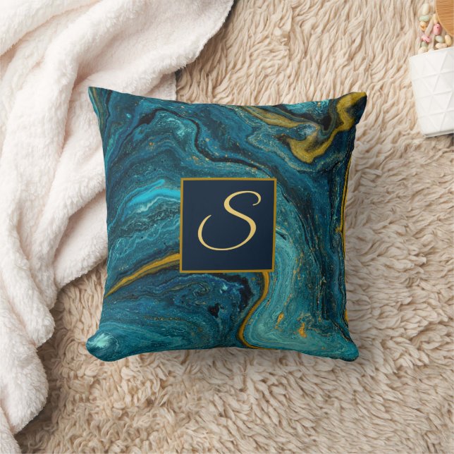 Abstract Art Blue Green Gold Dust Marble Throw Pillow (Blanket)