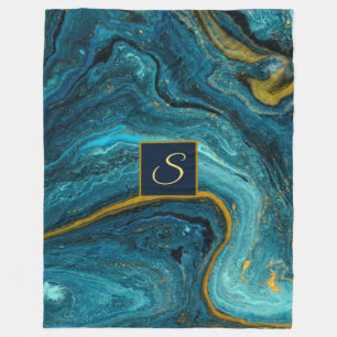 Abstract Art Blue Green Gold Dust Monogram Marble Fleece Blanket
