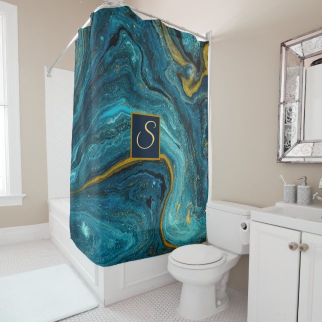 Abstract Art Blue Green Gold Dust Monogram Marble Shower Curtain (In Situ)