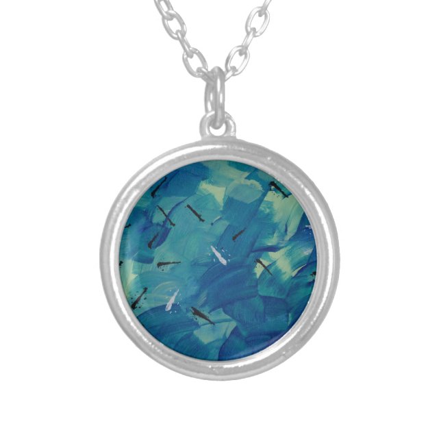 Abstract Art Blue Teal Silver Plated Necklace (Front)