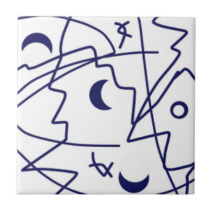 Abstract Art Blue White Line Circles Minimalism Ceramic Tile