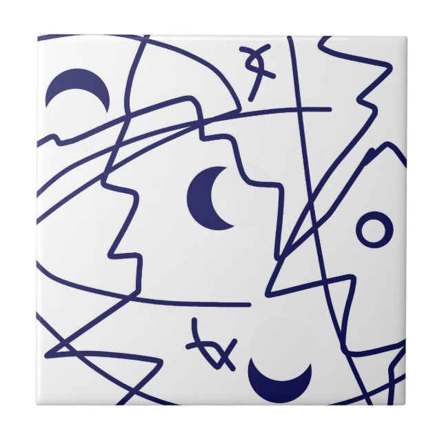 Abstract Art Blue White Line Circles Minimalism Ceramic Tile (Front)