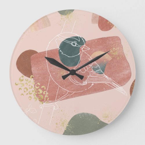 Abstract Art Blush Pink Gold Bird Line Drawing Large Clock