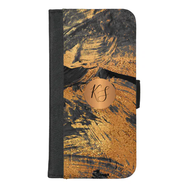 Abstract art brush strokes copper gold monogrammed iPhone wallet case ...