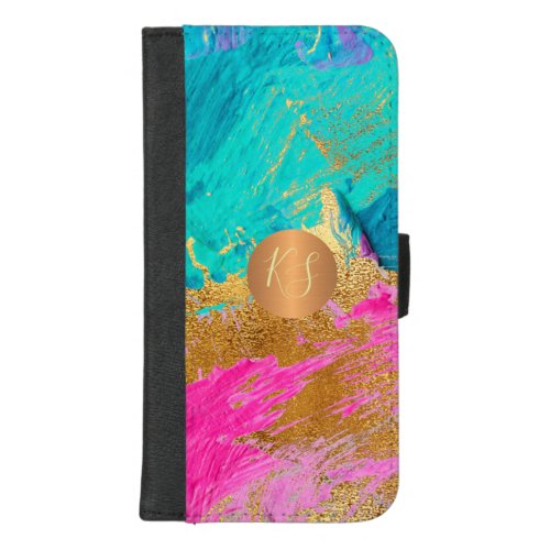 Abstract art brush strokes copper gold monogrammed iPhone 87 plus wallet case