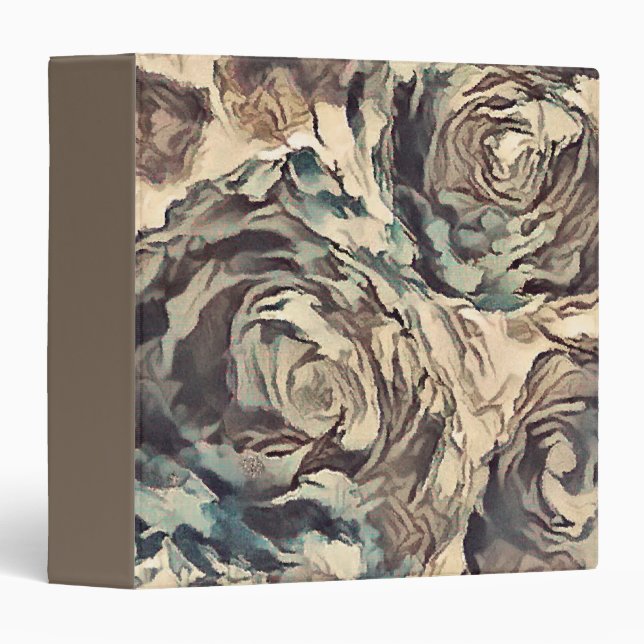 Abstract art brush textured roses print brown beig 3 ring binder (Front/Spine)