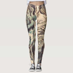 Abstract art brush textured roses print brown beig leggings