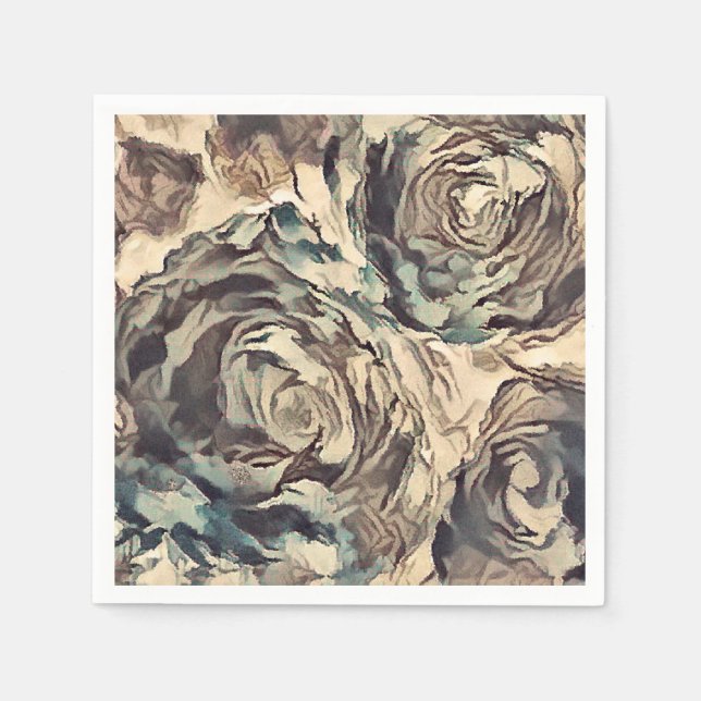 Abstract art brush textured roses print brown beig napkins (Front)