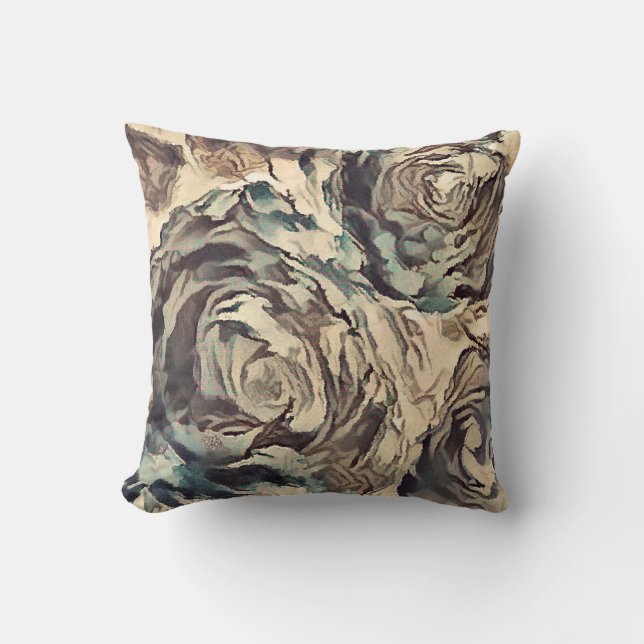 Abstract art brush textured roses print brown beig throw pillow (Front)